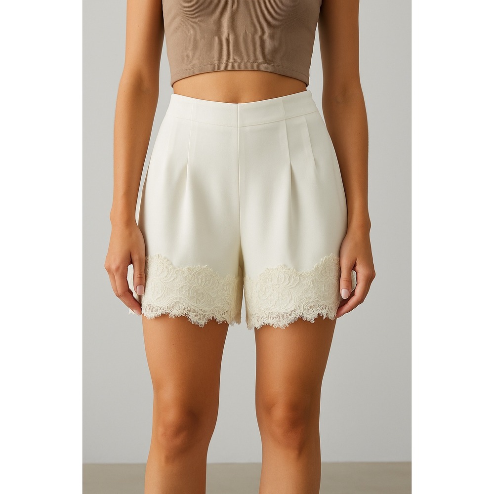 Zara Woman Ivory Lace Trim Shorts Pleated High‎ Waist Dressy Summer Casual